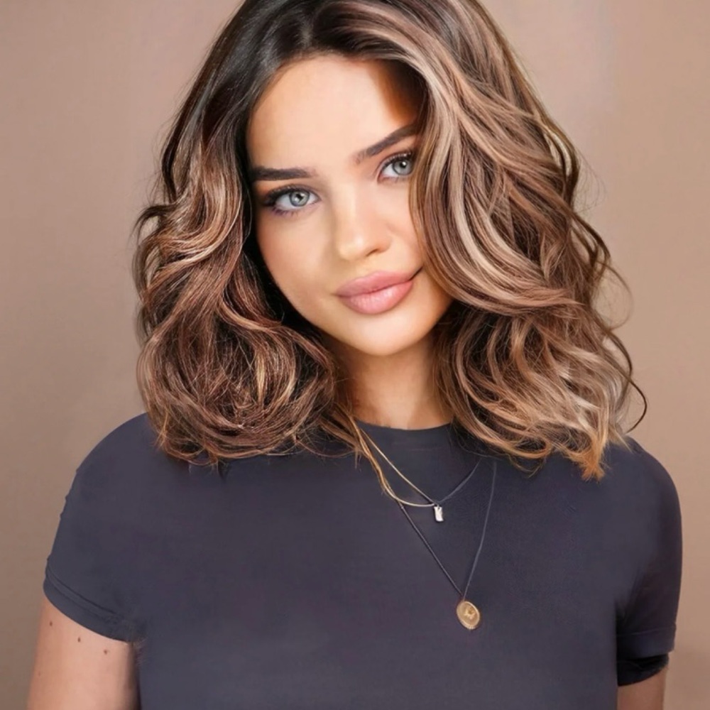 Stylish put on & go pre-cut lace wavy human wig - 14" bronzed highlights - NEW!